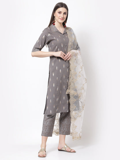 Women's Stylish cotton Collared Neck Half Sleeve Printed Kurta Palazzo Dupatta Set