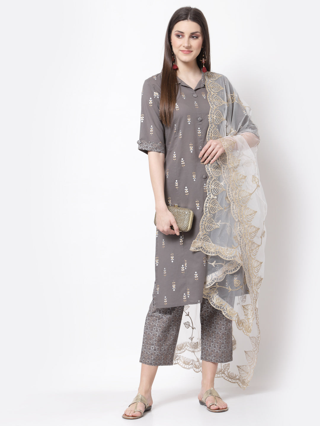 Women's Stylish cotton Collared Neck Half Sleeve Printed Kurta Palazzo Dupatta Set