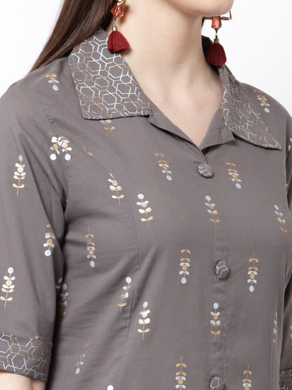 Women's Stylish cotton Collared Neck Half Sleeve Printed Kurta Palazzo Dupatta Set