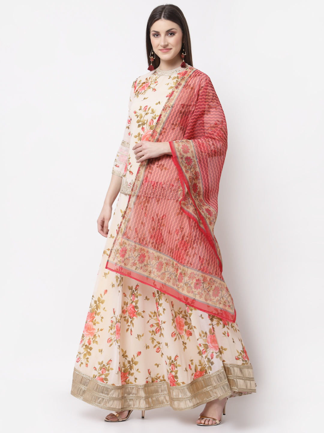 Women's Myshka Multicolor Georgette 3/4 Sleeve Round Neck Printed Casual Lehenga Choli Set