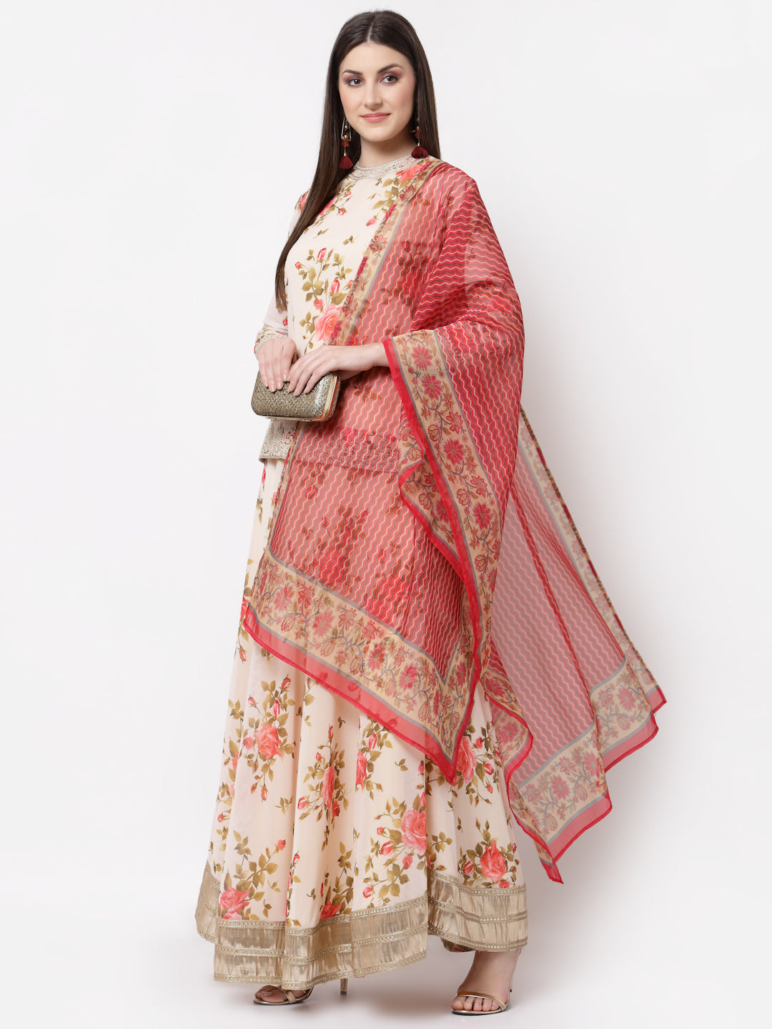 Women's Myshka Multicolor Georgette 3/4 Sleeve Round Neck Printed Casual Lehenga Choli Set
