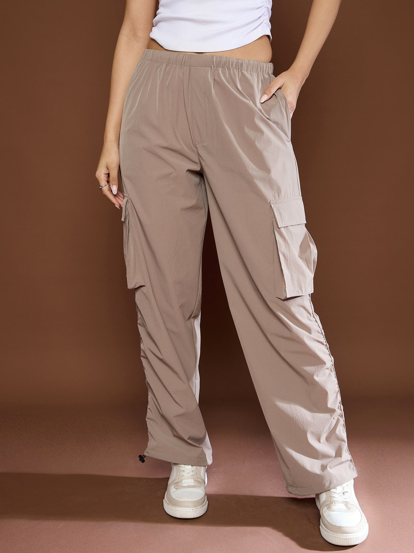 Women's Unisex Taupe Side Ruched Baggy Parachute Pan