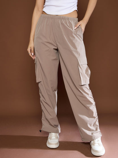 Women's Unisex Taupe Side Ruched Baggy Parachute Pan
