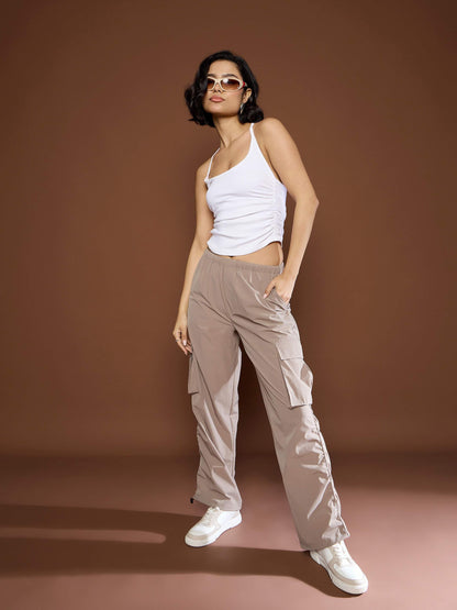 Women's Unisex Taupe Side Ruched Baggy Parachute Pan