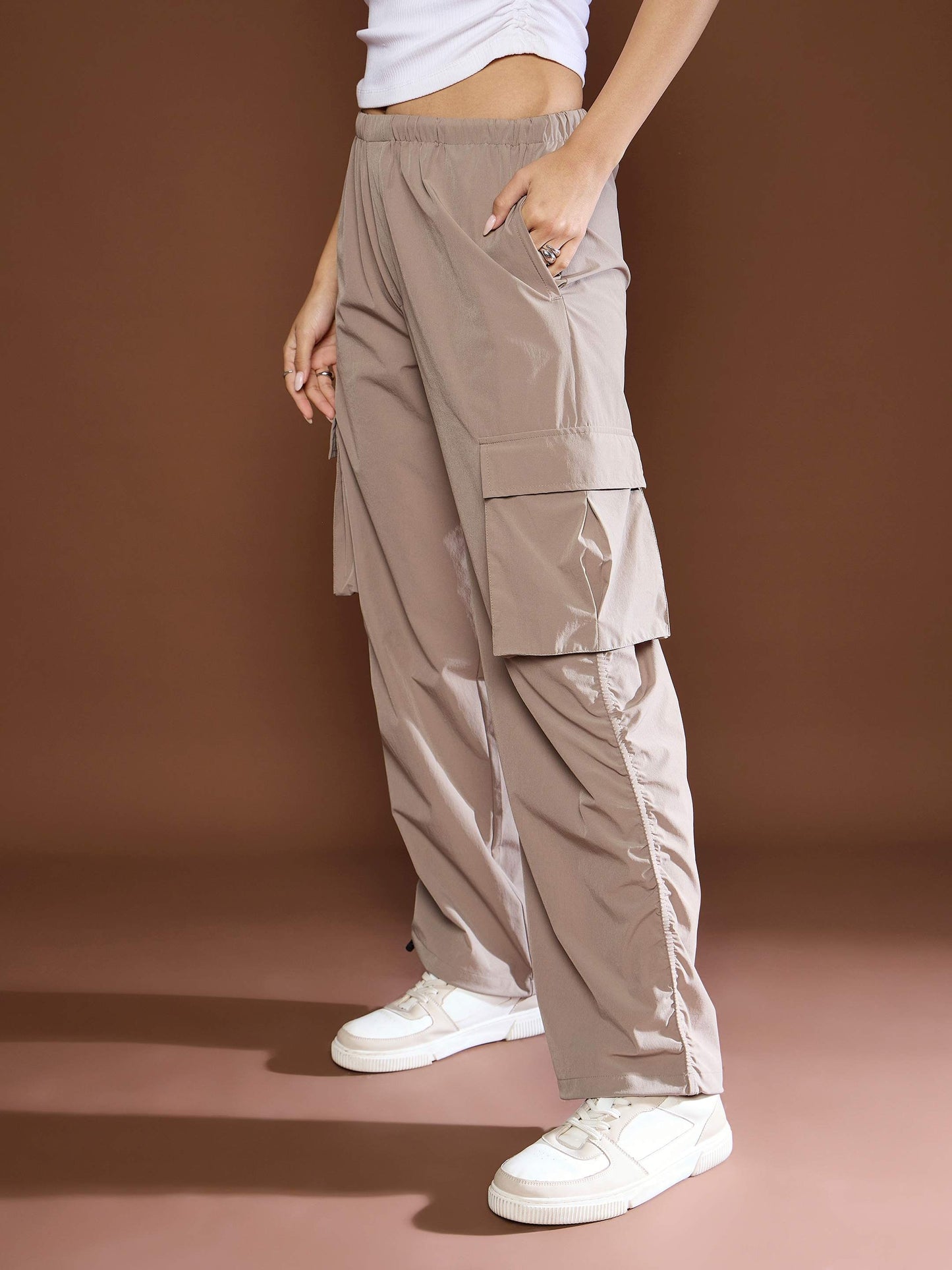 Women's Unisex Taupe Side Ruched Baggy Parachute Pan