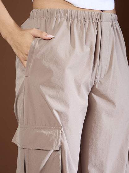 Women's Unisex Taupe Side Ruched Baggy Parachute Pan