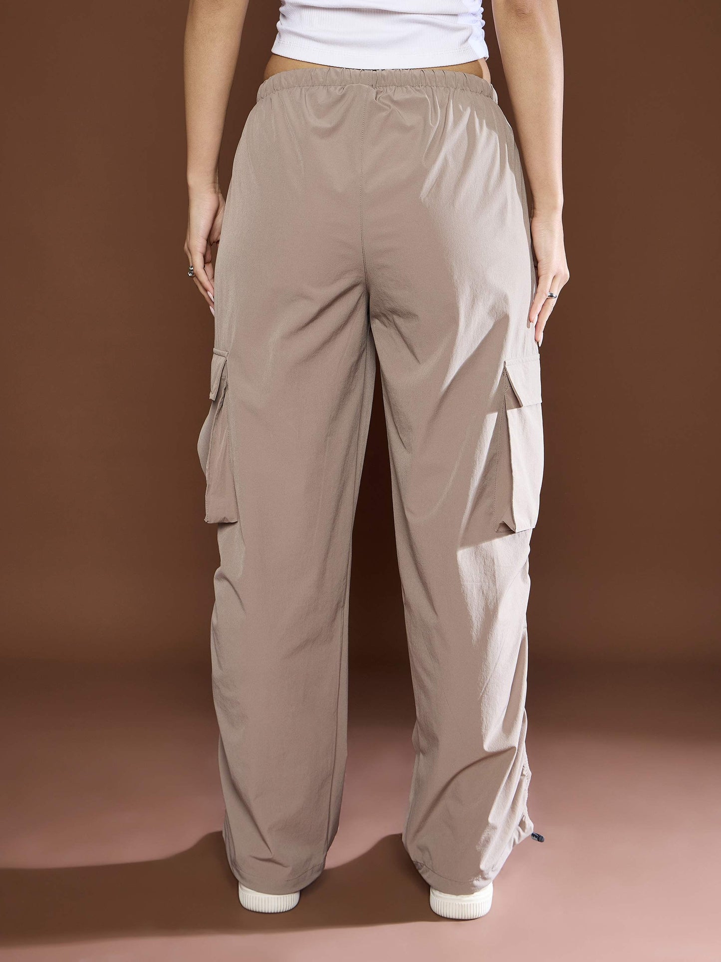 Women's Unisex Taupe Side Ruched Baggy Parachute Pan