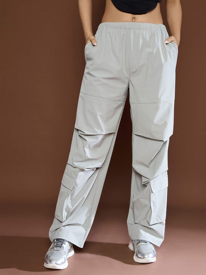 Women's Unisex Light Grey Pleated Knee Baggy Parachute Pan