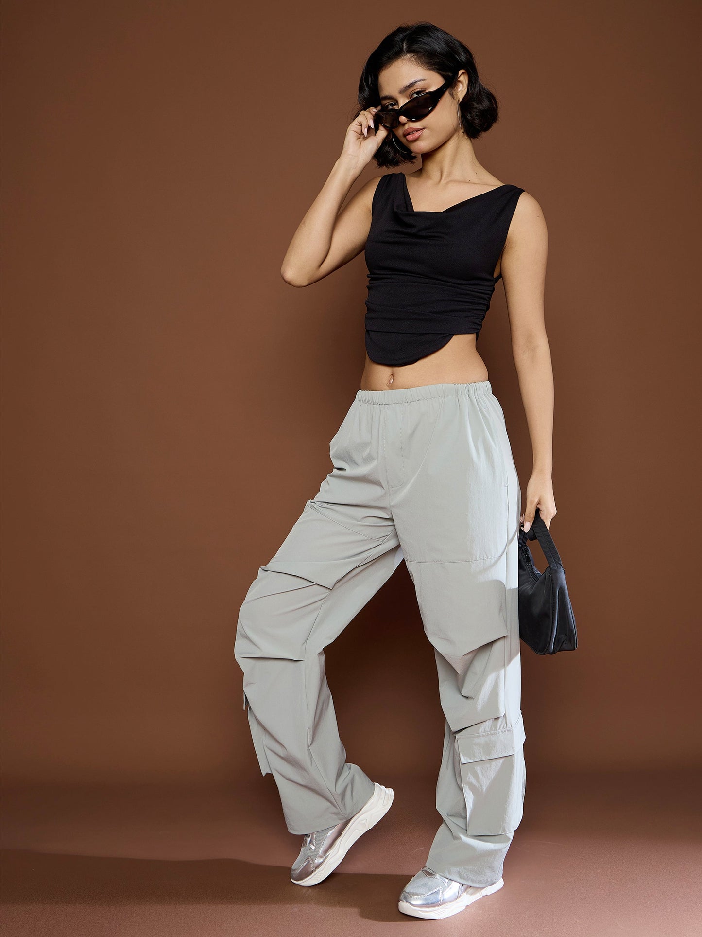 Women's Unisex Light Grey Pleated Knee Baggy Parachute Pan