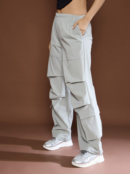 Women's Unisex Light Grey Pleated Knee Baggy Parachute Pan