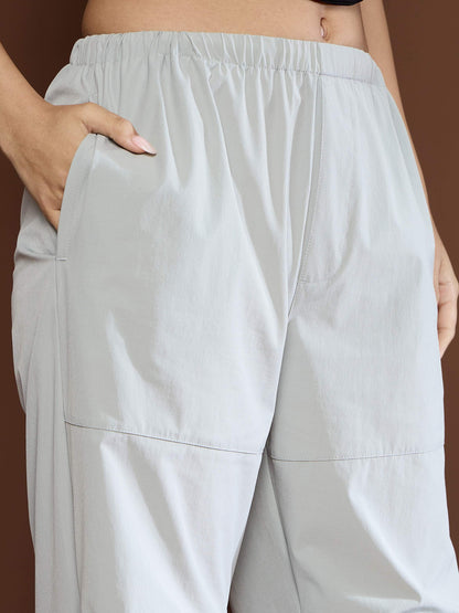 Women's Unisex Light Grey Pleated Knee Baggy Parachute Pan