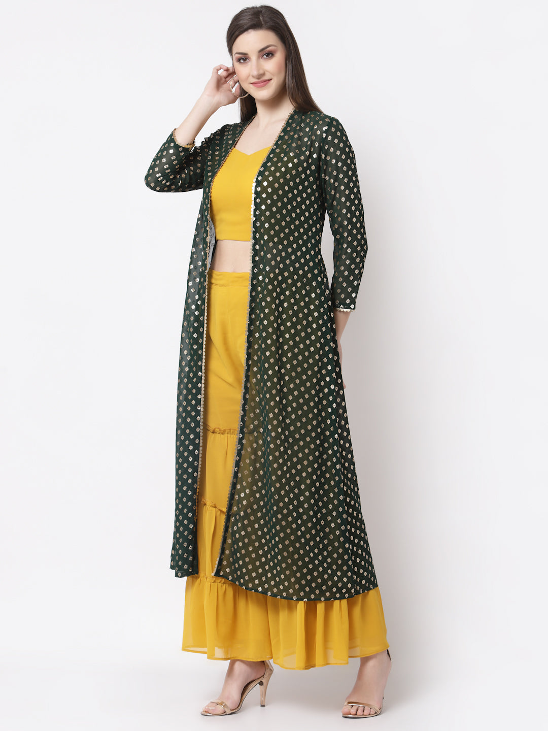 Women's Cotton Printed 3/4 Sleeve Mandarin Neck Casual Top Pant Shrug Set