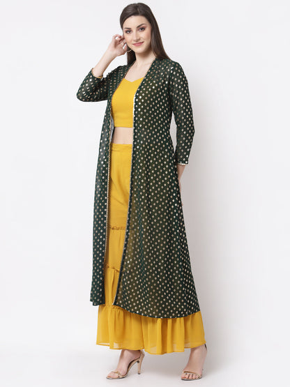 Women's Cotton Printed 3/4 Sleeve Mandarin Neck Casual Top Pant Shrug Set