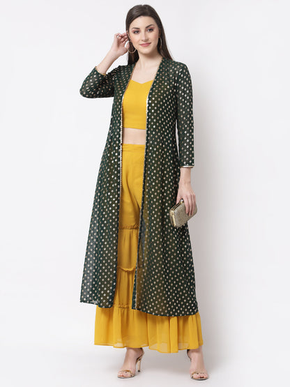 Women's Cotton Printed 3/4 Sleeve Mandarin Neck Casual Top Pant Shrug Set