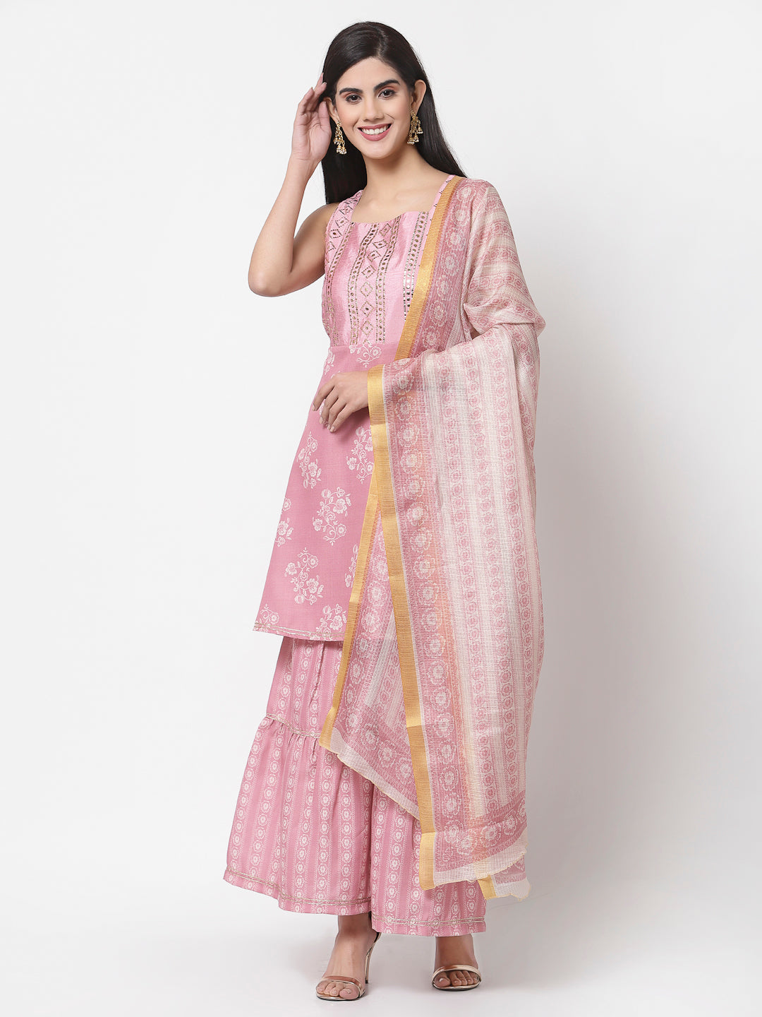 Women's Peach cotton blend Printed Sleeveless Shoulder Straps Kurta with Sharara & Dupatta (3Pieces) set