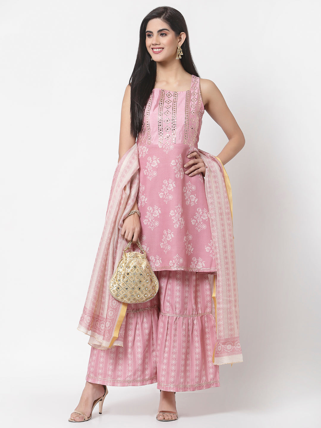 Women's Peach cotton blend Printed Sleeveless Shoulder Straps Kurta with Sharara & Dupatta (3Pieces) set