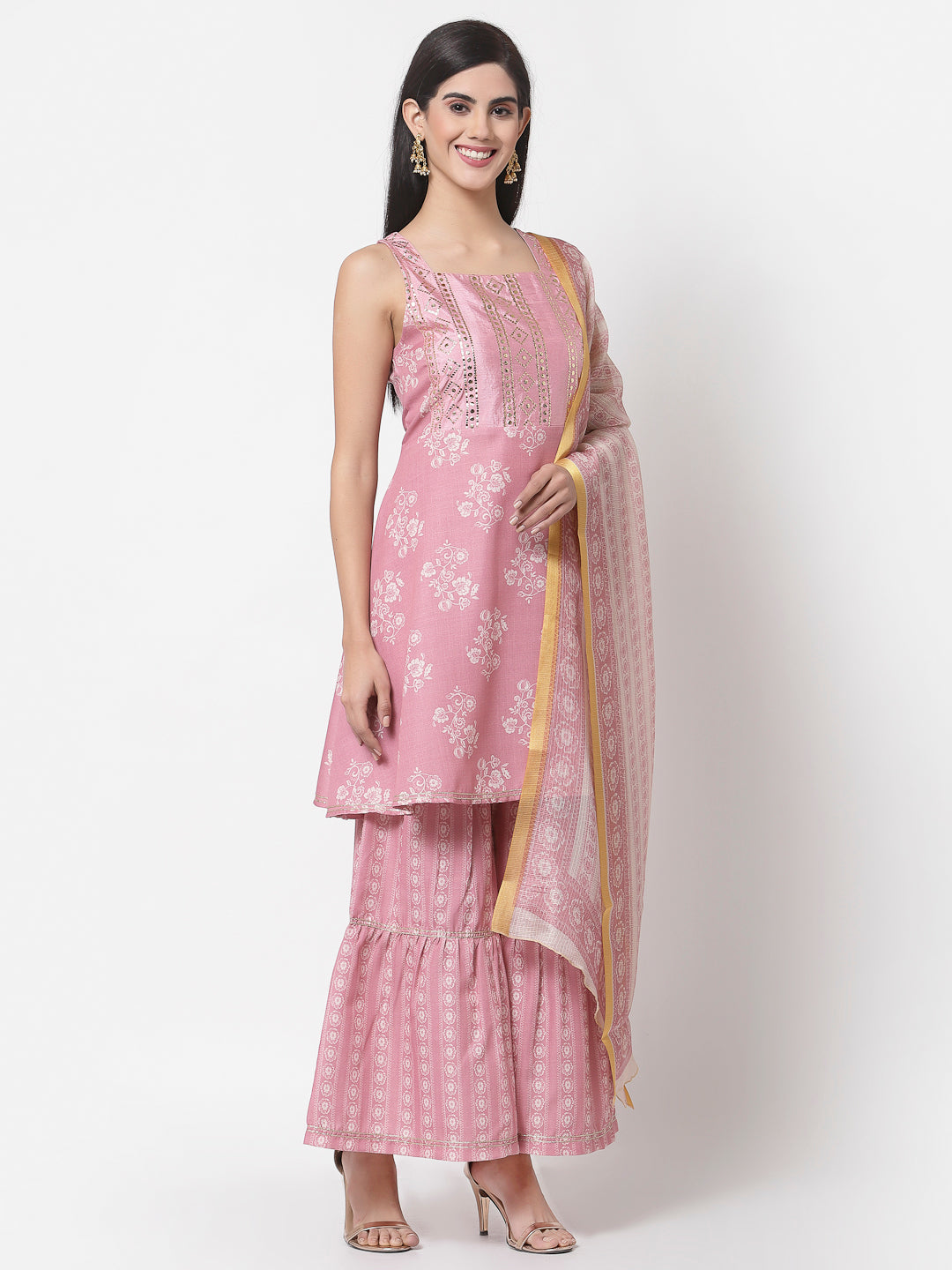 Women's Peach cotton blend Printed Sleeveless Shoulder Straps Kurta with Sharara & Dupatta (3Pieces) set