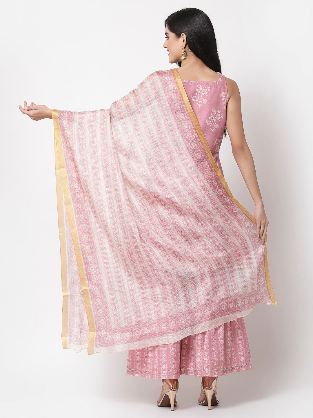 Women's Peach cotton blend Printed Sleeveless Shoulder Straps Kurta with Sharara & Dupatta (3Pieces) set