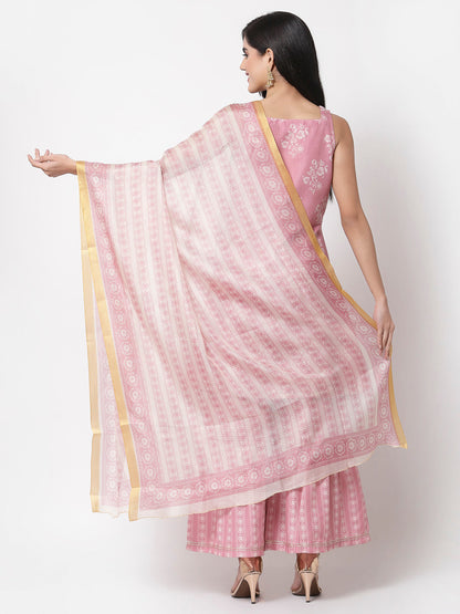 Women's Peach cotton blend Printed Sleeveless Shoulder Straps Kurta with Sharara & Dupatta (3Pieces) set