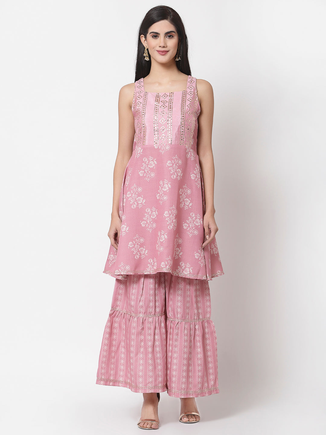 Women's Peach cotton blend Printed Sleeveless Shoulder Straps Kurta with Sharara & Dupatta (3Pieces) set