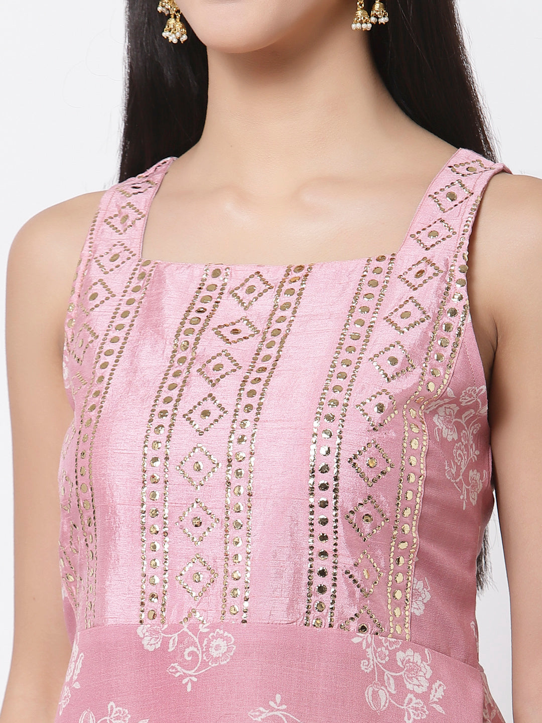 Women's Peach cotton blend Printed Sleeveless Shoulder Straps Kurta with Sharara & Dupatta (3Pieces) set