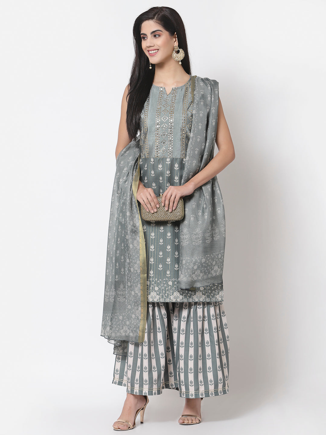 Women's Grey cotton blend Printed Sleeveless Round Neck Kurta with Sharara & Dupatta (3Pieces) set