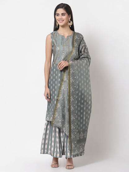 Women's Grey cotton blend Printed Sleeveless Round Neck Kurta with Sharara & Dupatta (3Pieces) set
