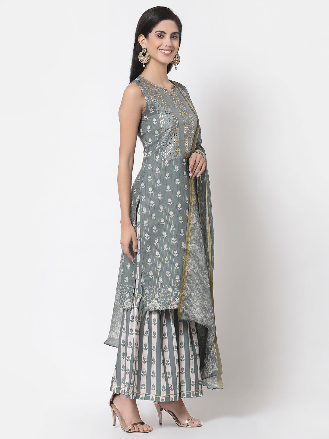Women's Grey cotton blend Printed Sleeveless Round Neck Kurta with Sharara & Dupatta (3Pieces) set
