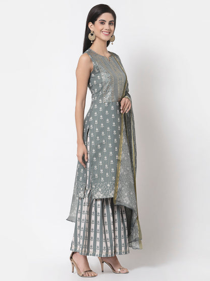 Women's Grey cotton blend Printed Sleeveless Round Neck Kurta with Sharara & Dupatta (3Pieces) set