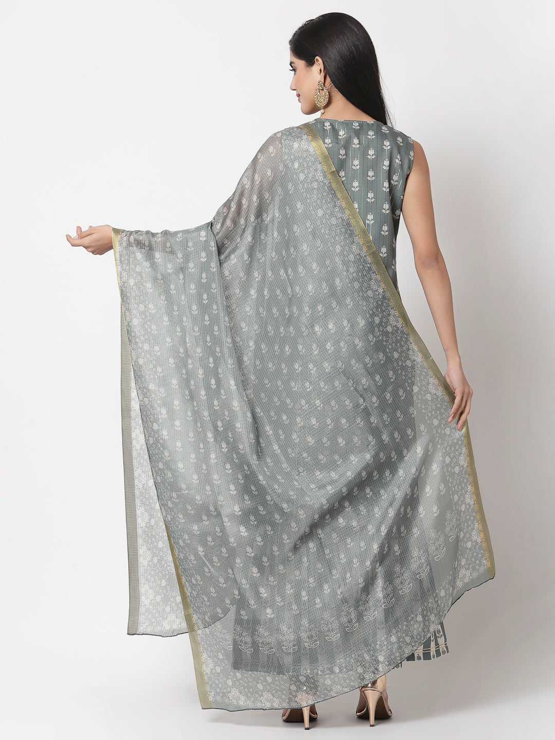 Women's Grey cotton blend Printed Sleeveless Round Neck Kurta with Sharara & Dupatta (3Pieces) set