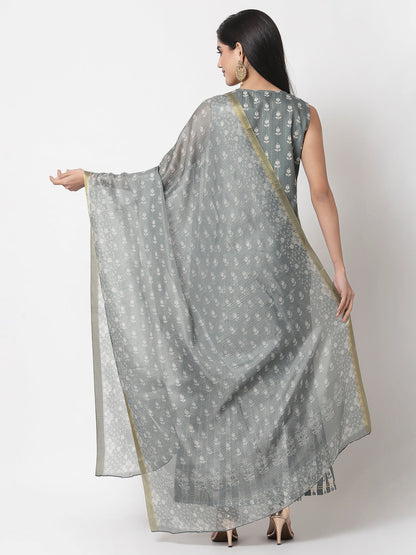 Women's Grey cotton blend Printed Sleeveless Round Neck Kurta with Sharara & Dupatta (3Pieces) set