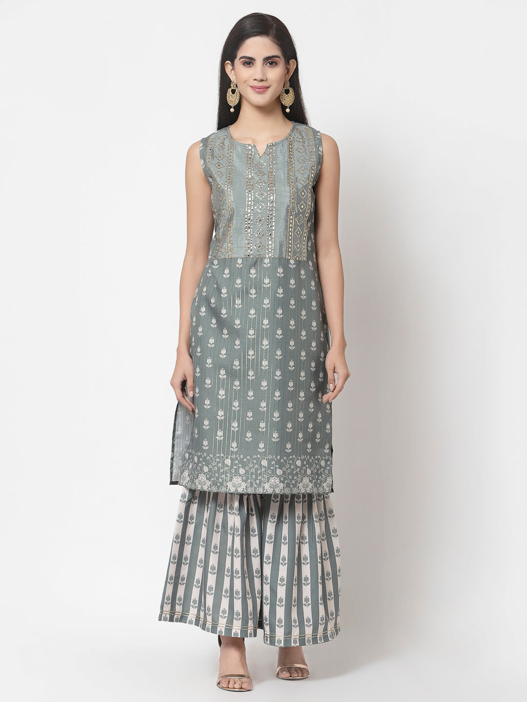 Women's Grey cotton blend Printed Sleeveless Round Neck Kurta with Sharara & Dupatta (3Pieces) set