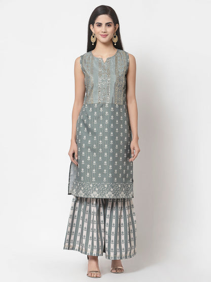 Women's Grey cotton blend Printed Sleeveless Round Neck Kurta with Sharara & Dupatta (3Pieces) set