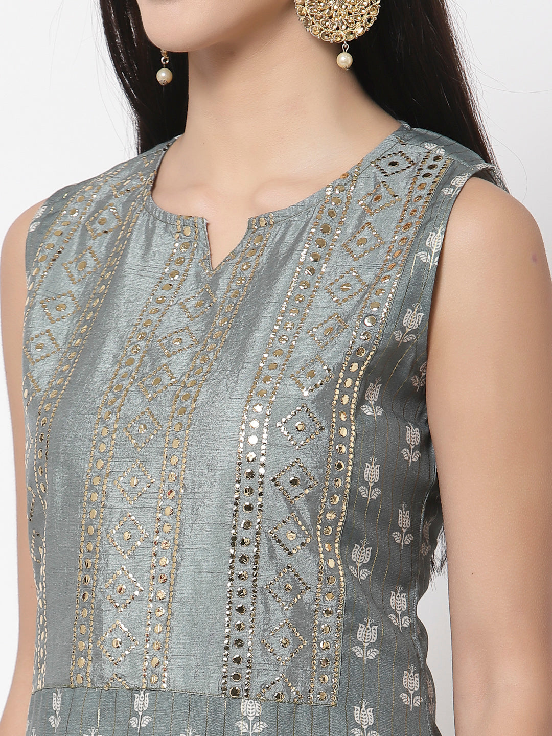 Women's Grey cotton blend Printed Sleeveless Round Neck Kurta with Sharara & Dupatta (3Pieces) set
