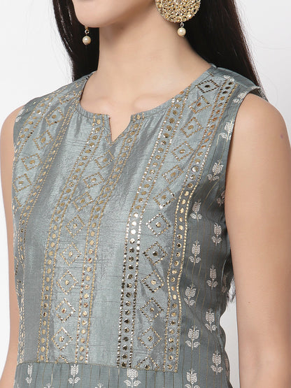 Women's Grey cotton blend Printed Sleeveless Round Neck Kurta with Sharara & Dupatta (3Pieces) set