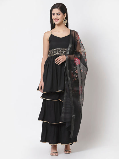 Women's Black Rayon Solid Sleeveless Round Neck Kurta with Sharara & Dupatta (3Pieces) set