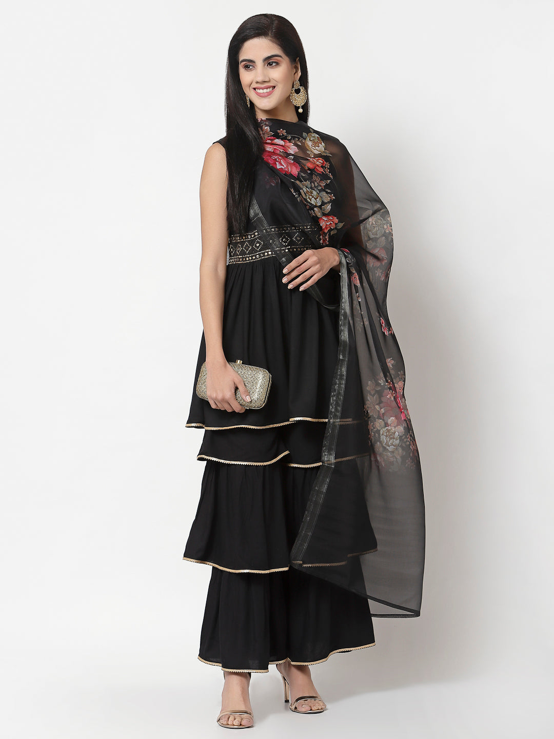 Women's Black Rayon Solid Sleeveless Round Neck Kurta with Sharara & Dupatta (3Pieces) set