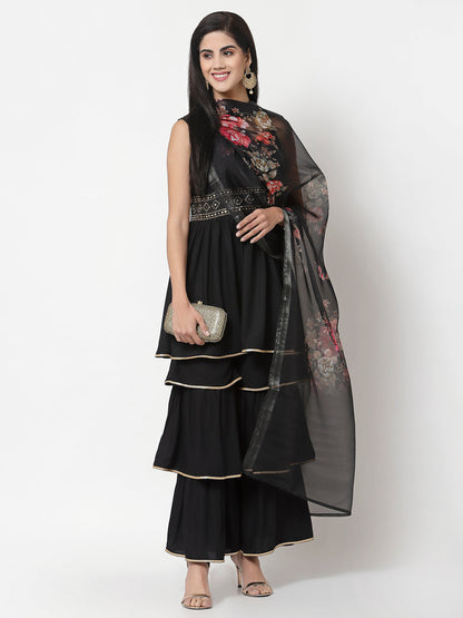 Women's Black Rayon Solid Sleeveless Round Neck Kurta with Sharara & Dupatta (3Pieces) set