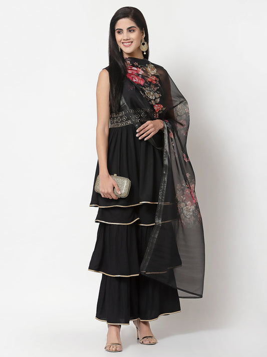 Women's Black Rayon Solid Sleeveless Round Neck Kurta with Sharara & Dupatta (3Pieces) set