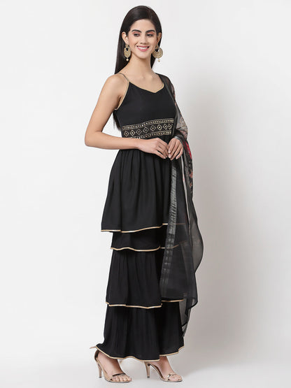 Women's Black Rayon Solid Sleeveless Round Neck Kurta with Sharara & Dupatta (3Pieces) set