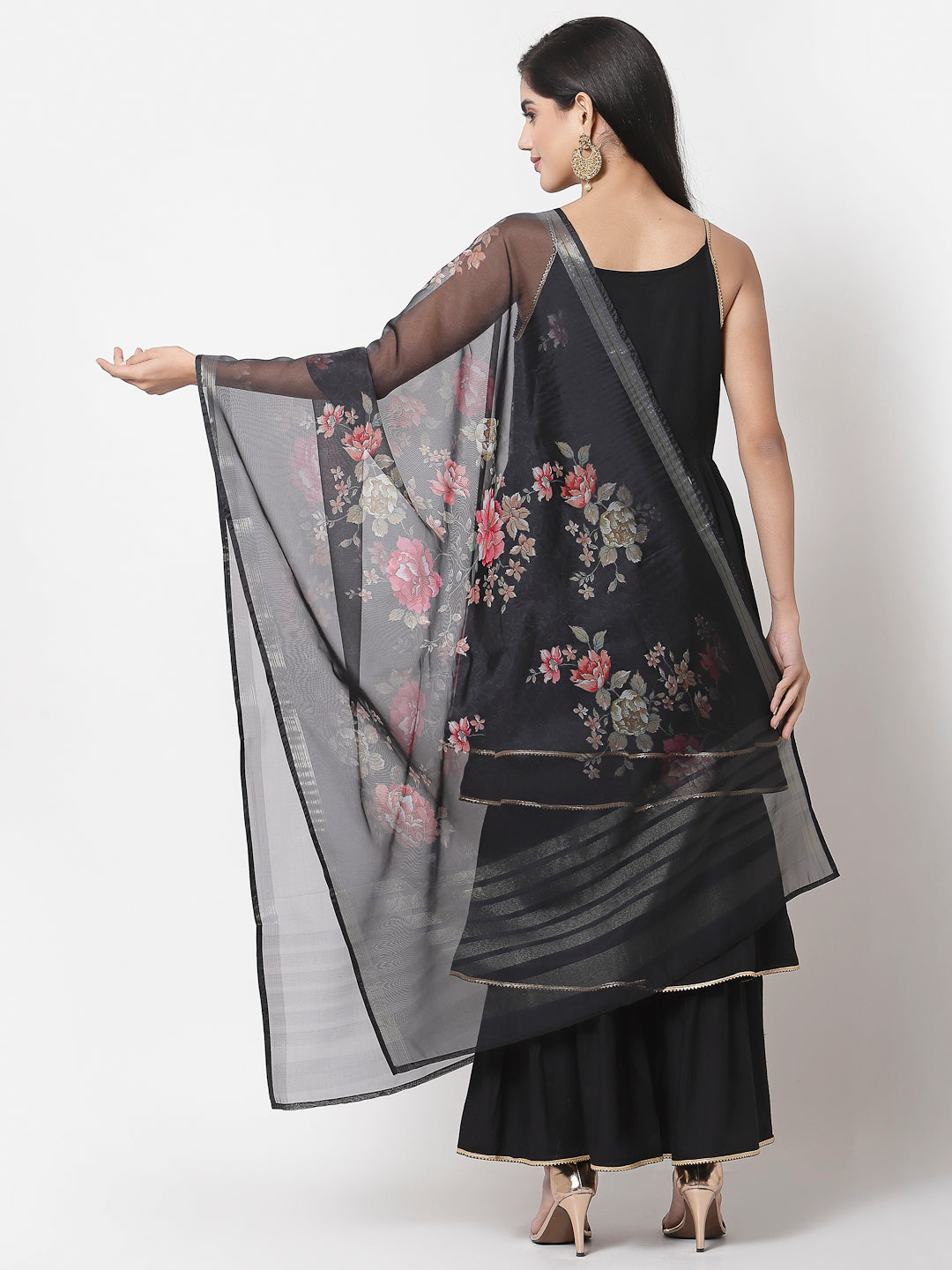Women's Black Rayon Solid Sleeveless Round Neck Kurta with Sharara & Dupatta (3Pieces) set