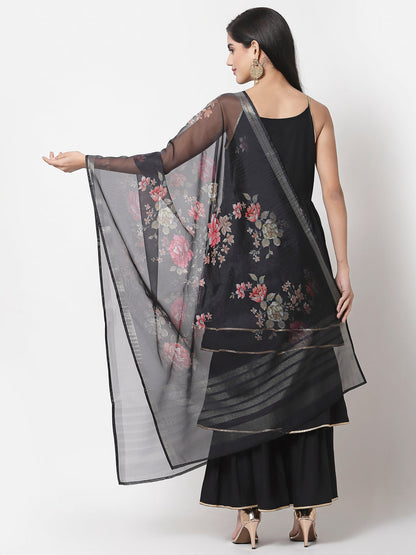 Women's Black Rayon Solid Sleeveless Round Neck Kurta with Sharara & Dupatta (3Pieces) set