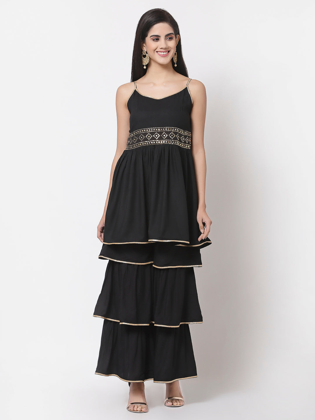 Women's Black Rayon Solid Sleeveless Round Neck Kurta with Sharara & Dupatta (3Pieces) set