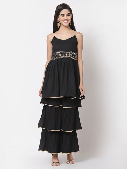 Women's Black Rayon Solid Sleeveless Round Neck Kurta with Sharara & Dupatta (3Pieces) set