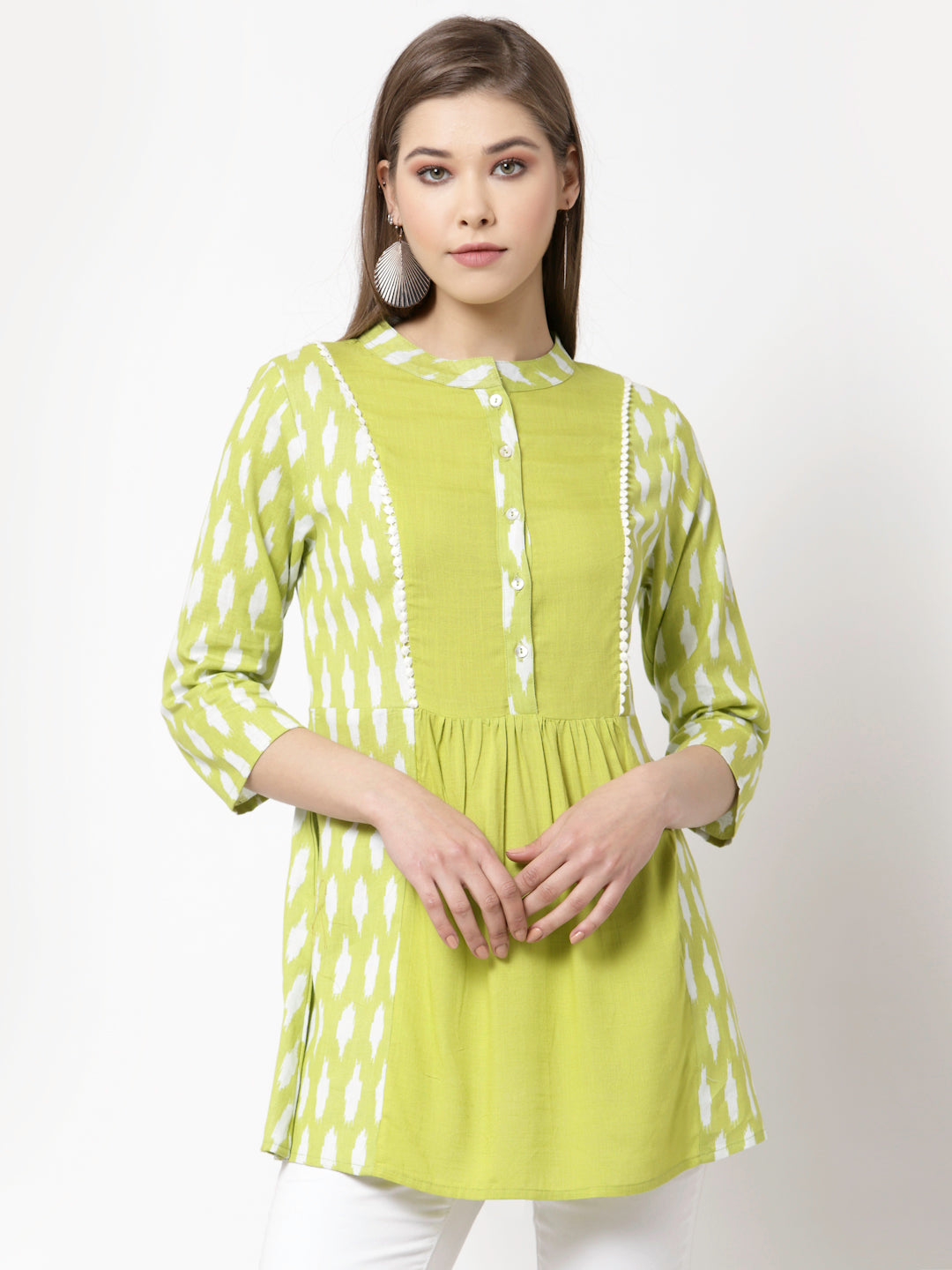 Women's Green Cotton Printed 3/4 Sleeve Round casual Only Tunic