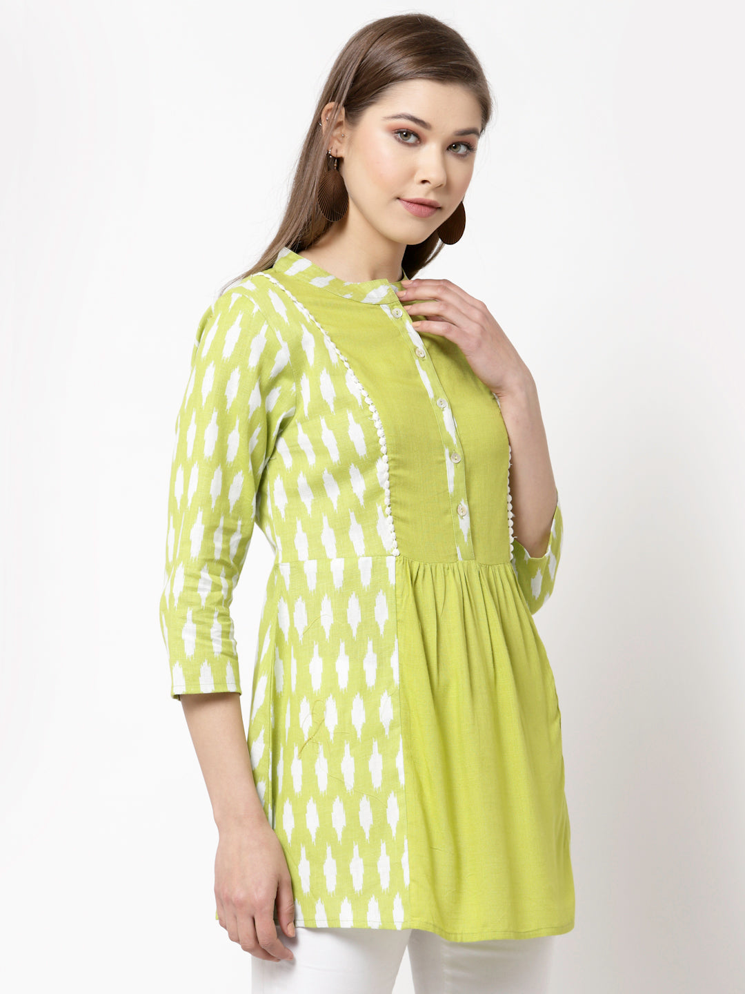 Women's Green Cotton Printed 3/4 Sleeve Round casual Only Tunic