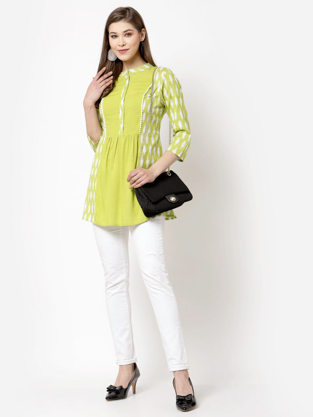 Women's Green Cotton Printed 3/4 Sleeve Round casual Only Tunic