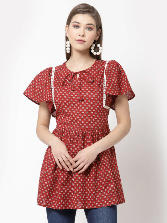 Women Red Coton Printed Cotton Top by Myshka (