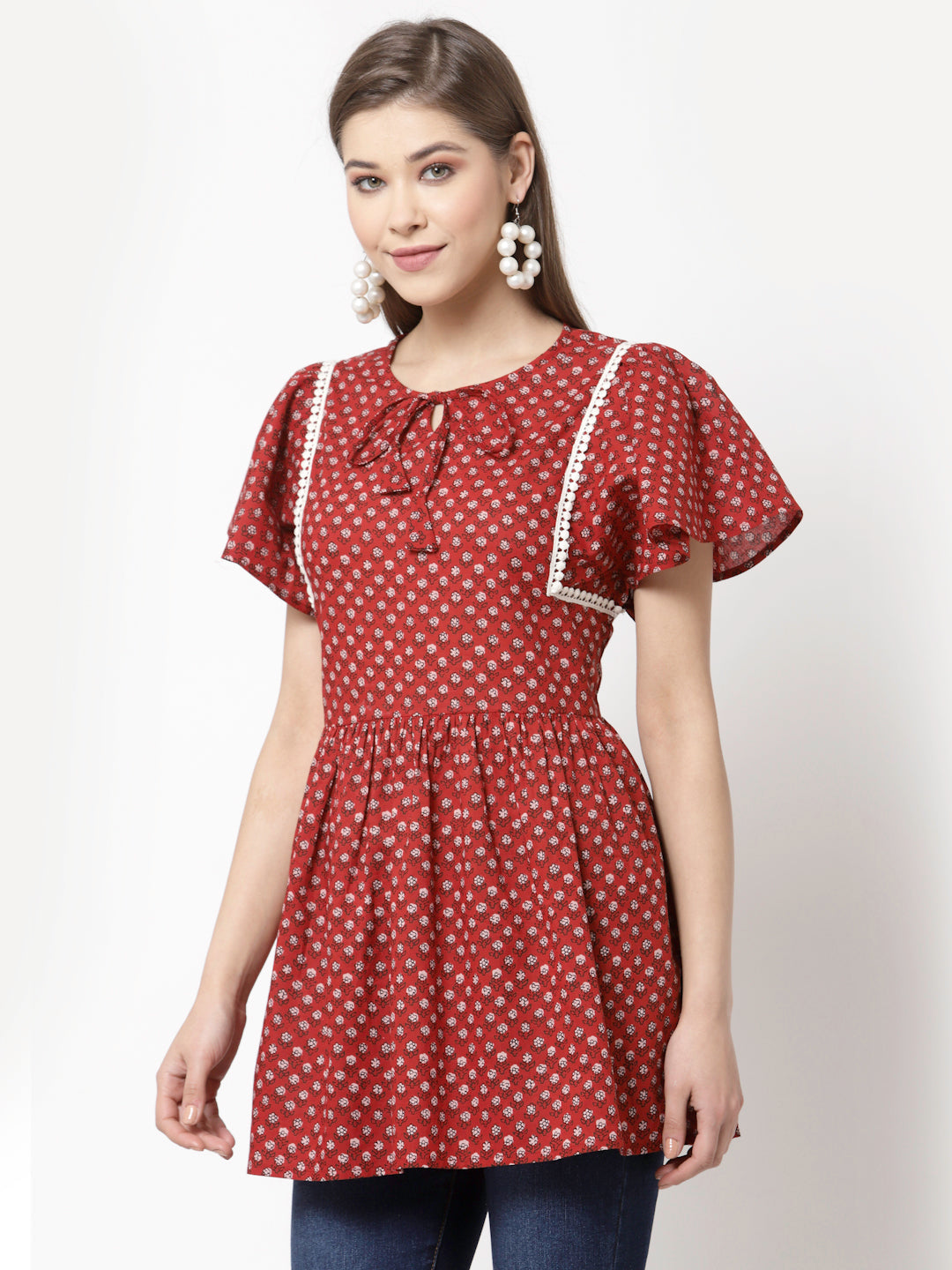 Women Red Coton Printed Cotton Top by Myshka (