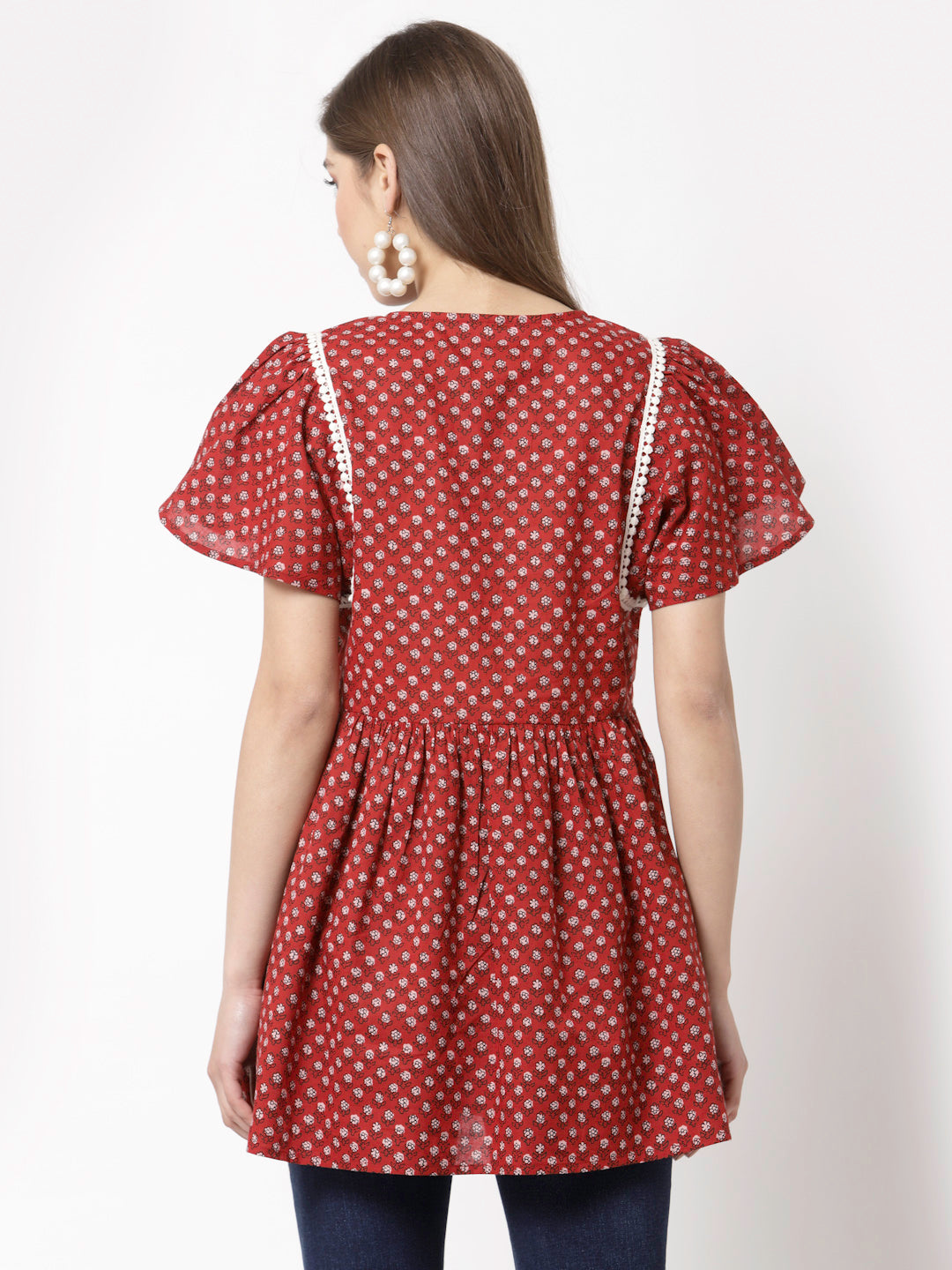 Women Red Coton Printed Cotton Top by Myshka (